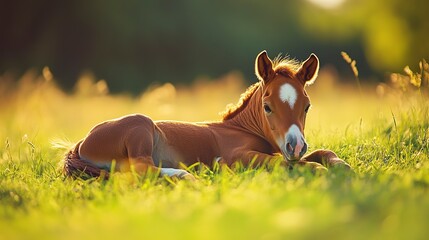 Newborn young foal resting on a green lawn in morning. Funny newborn young horse lying on the summer meadow. 