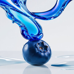 A rich blue blueberry releasing glossy, blue fluid in swirling patterns around