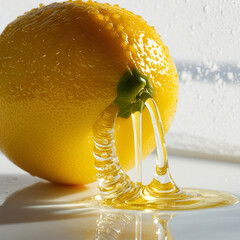 A bright, yellow lemon splashing with vivid yellow fluid that mimics juice droplets