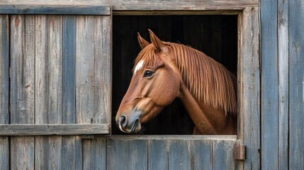 horse in stable brown horse looking out of wooden stall door rural farm scene