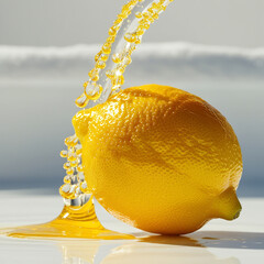 A bright, yellow lemon splashing with vivid yellow fluid that mimics juice droplets