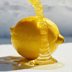 A bright, yellow lemon splashing with vivid yellow fluid that mimics juice droplets