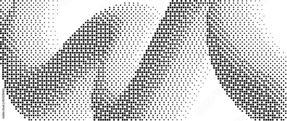 Poster Pixelated curved gradient shape. Dotted dither squiggle texture background. Fluid undulate form for banner, poster, leaflet, brochure. Abstract rasterized overlay backdrop. Vector comic wallpaper