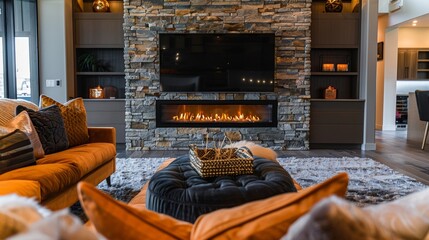 A luxurious living room with a stoneclad fireplace as the centerpiece complemented by a plush velvet couch and stylish decor.