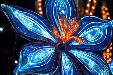 A vibrant blue flower illuminated by colorful lights, capturing the essence of beauty and creativity in a striking design.