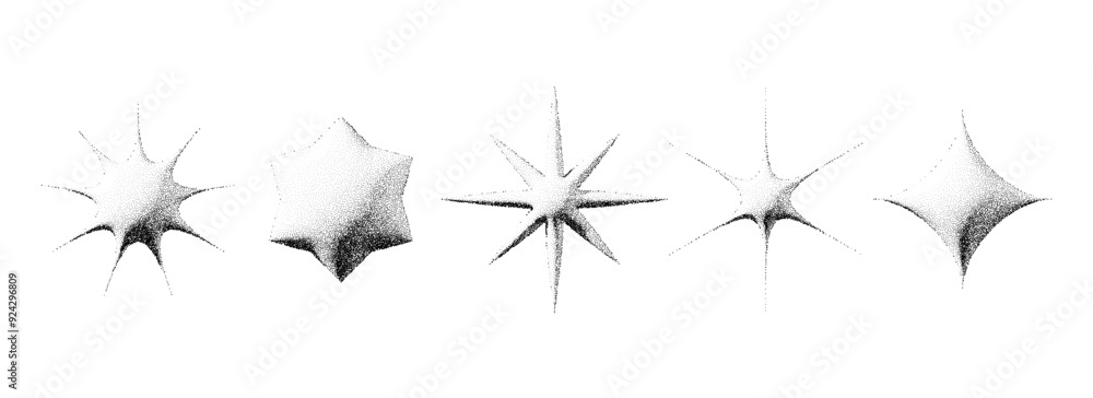 Poster black stippled star set. 3d dotted textured flares and sparkles collection. halftone grainy noise st