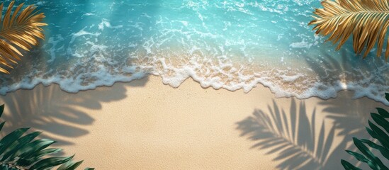 Aerial View of Tropical Beach with Crystal Clear Water, Golden Sand, and Palm Shadows