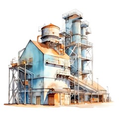Obraz premium Detailed Watercolor of an Industrial Factory with Soft Gradients and Pastel Tones on Isolated Background