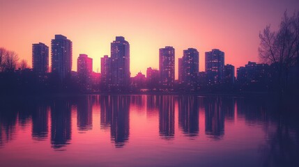 Fototapeta premium Stunning Urban Skyline at Sunset with Reflective High-Rise Buildings and Tranquil Water