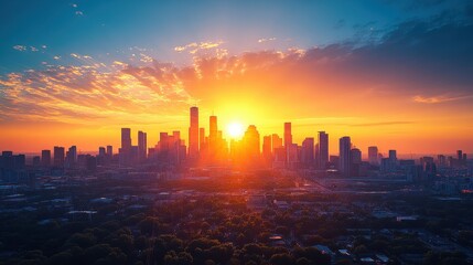 Fototapeta premium Stunning Urban Sunset Over Modern City Skyline with Vibrant Colors and Dramatic Clouds
