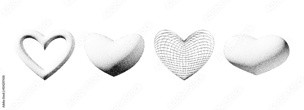 Poster dotted 3d heart shape collection. black stippled gradient heart set. y2k dotwork grain grunge design