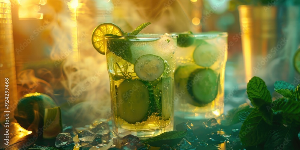 Poster refreshing cucumber lemonade infused with lime and mint
