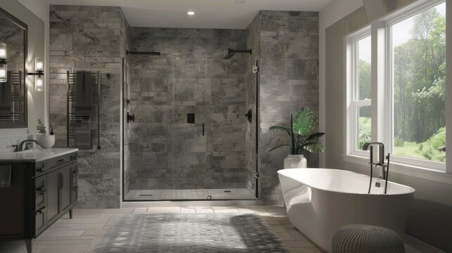 This stone clad shower seamlessly blends into the rest of the bathroom creating a cohesive and sophisticated design aesthetic.