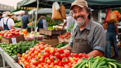 Happy vendor selling fresh tomatoes at local farmers market