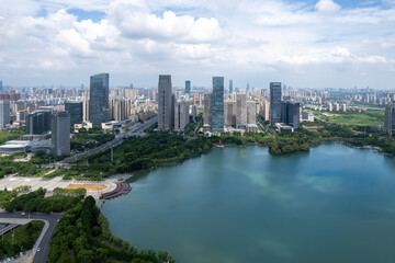 Fototapeta premium Stunning Aerial View of a Modern Urban Landscape with Lush Greenery
