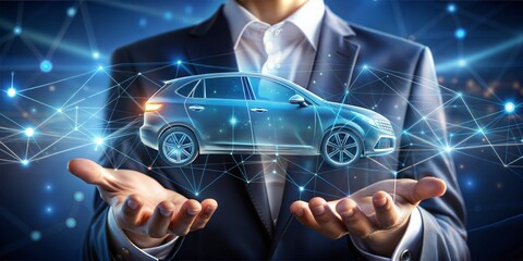 Digital hologram of smart car technology with a car icon being esoterically held in the style data flowing
