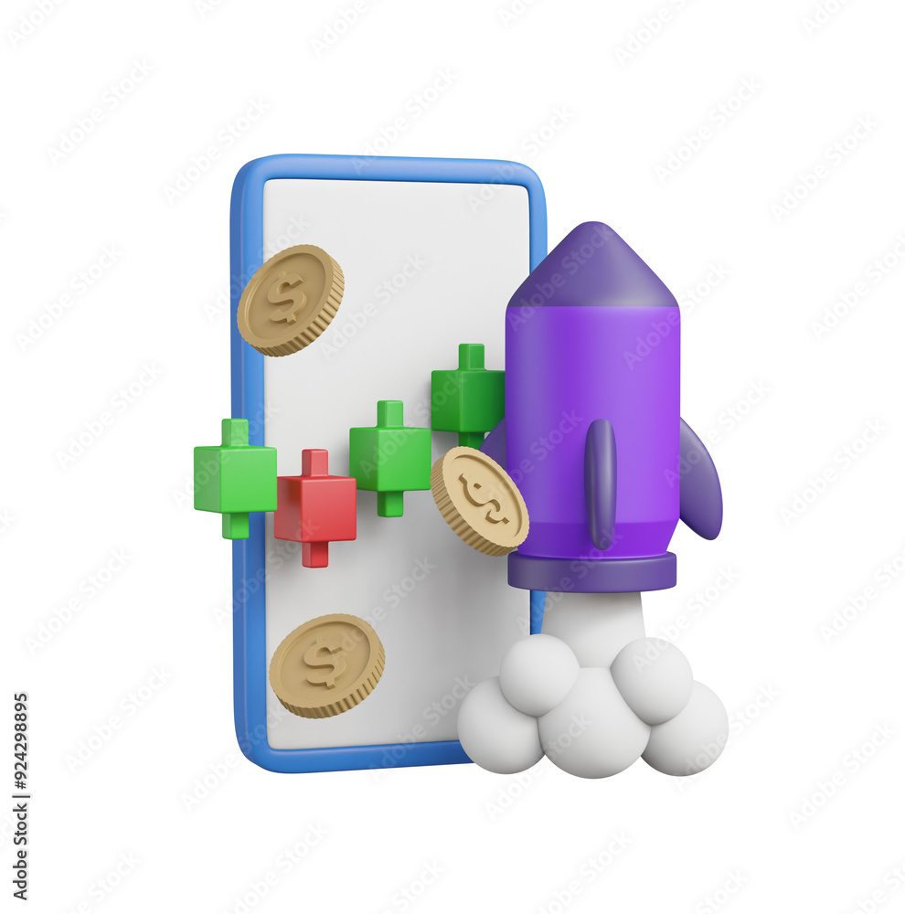 Poster 3d illustration showing a rocket launch icon with a mobile phone and a candlestick chart with dollar