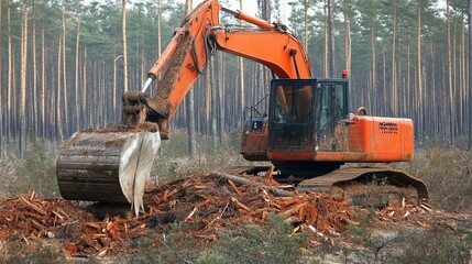 Fototapeta premium Excavator clearing a forest with debris scattered around