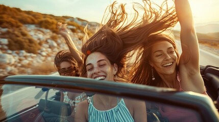 Three Women Laughing and Driving in a Convertible