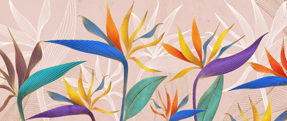 Fototapeta premium Art background with tropical flowers, birds of paradise, bright colors, hand-drawn with line elements. Floral botanical banner for decor, print, textile, wallpaper, cover, interior.