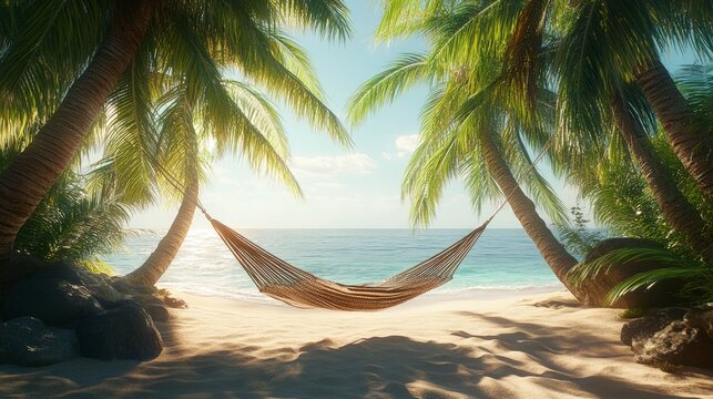 beachside hammock gently swaying between two palm trees, bright sunlight, relaxed and tropical tones