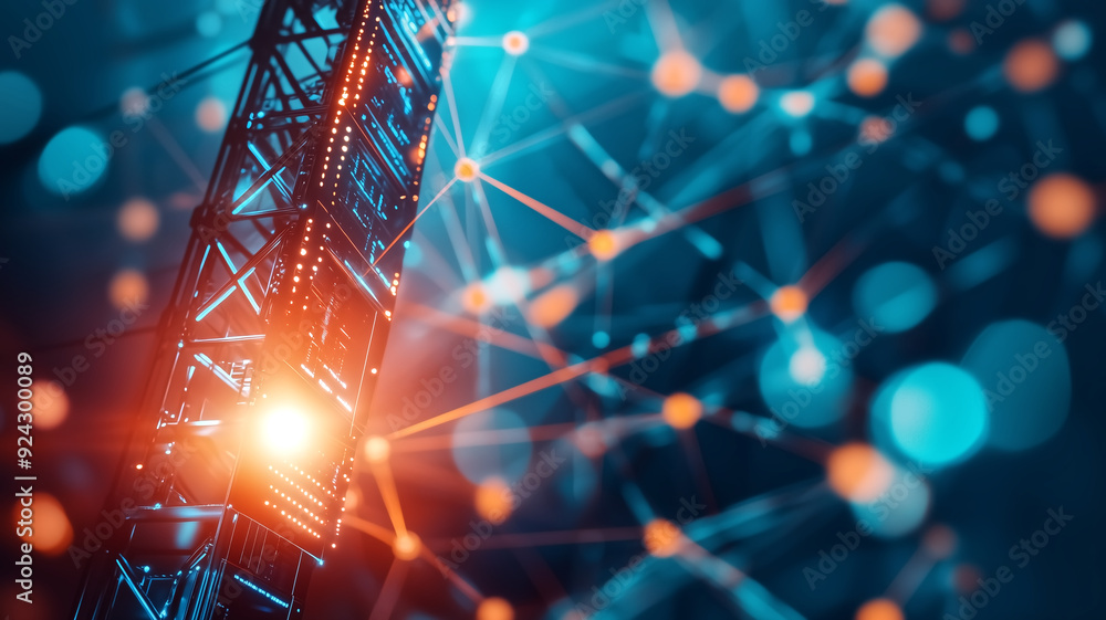 Poster futuristic digital network with glowing nodes and high-tech structure in a blue and orange color sch