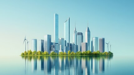 city skyline with wind turbines, integrated into the architecture, clear blue sky, sharp details