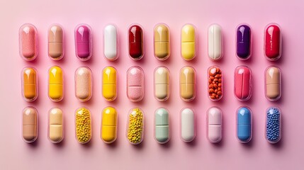 collection of different types of medicine pills, arranged neatly, bright overhead lighting, colorful and organized tones