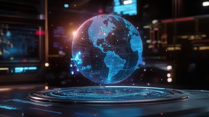 Fototapeta premium Holographic Earth Globe Display on Futuristic Technology Platform