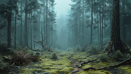 Obraz premium Foggy dense forest with tall trees and eerie atmosphere