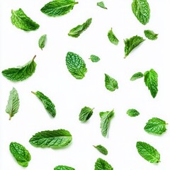 Fresh Mint Delight - Falling Spearmint Leaves Creating a Fragrant Frame on a White Background.