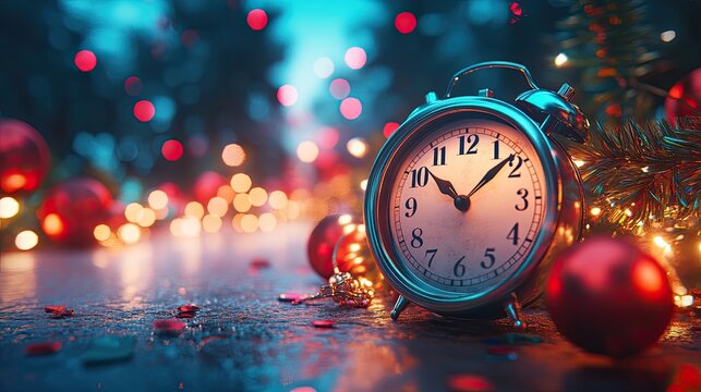 countdown clock ticking down to midnight, surrounded by festive decorations, bright lighting, exciting and anticipatory tones