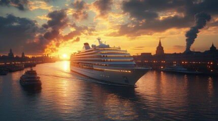 Fototapeta premium cruise ship sailing into a picturesque harbor at sunset, with lights reflecting on the water, soft ambient lighting, peaceful and luxurious atmosphere