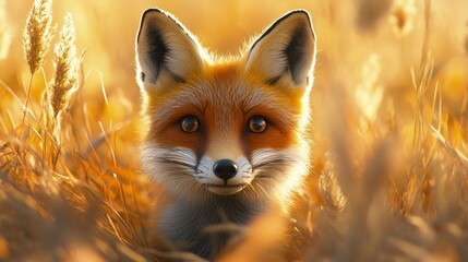 Obraz premium curious fox peeking out from behind tall grass, bright daylight, playful and mysterious atmosphere