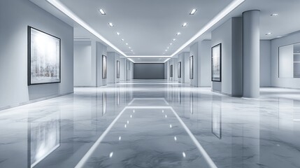 Obraz premium deserted showroom floor, products displayed under bright lights, clean and sharp contrast