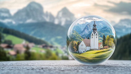 Glass sphere showcasing idyllic village with church and mountains.