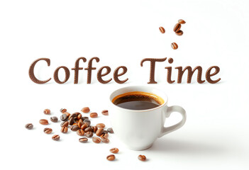 Obraz premium Coffee Time banner with a cup of coffee, decorated with coffee beans