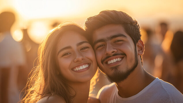 Young Hispanic couple enjoying a romantic golden hour at beach