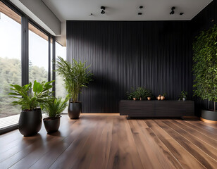 modern living room with a window.A modern, minimalist interior with a striking black wooden wall, smooth wooden floor, and vibrant potted plants. The design reflects a balance of simplicity and sophis
