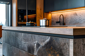 Modern Kitchen Island with Wood Countertop and Black Accents - Photo