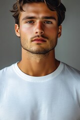 Obraz premium Portrait of a Young Man with Beard Wearing a White T-Shirt Against a Neutral Background