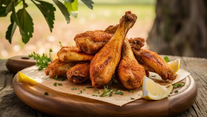 Crispy Grilled Chicken Wings Served on Rustic Wooden Board