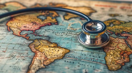 Stethoscope on a Vintage World Map