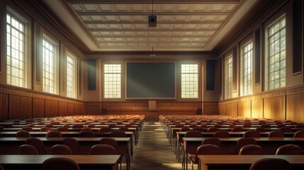 empty lecture hall, chairs and desks arranged in rows, soft ambient lighting, muted colors