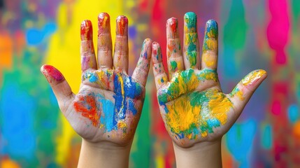 Close-up of kids' hands covered in colorful paint, creating a vibrant and playful background.  for educational materials, art projects, and child-friendly content.