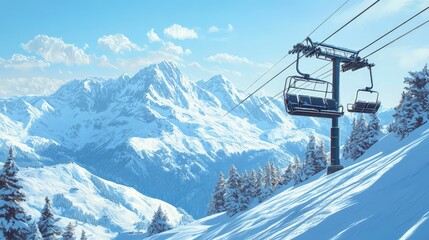 empty ski lift ascending a snowy mountain, with a panoramic view of the surrounding peaks, bright daylight, serene and wintery atmosphere