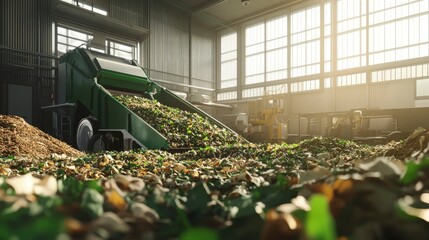 facility converting organic waste into compost, with machinery turning the material, bright daylight, natural and efficient tones