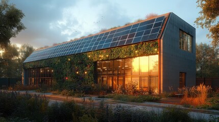 Naklejka premium energy-positive building, covered in solar panels and green walls, soft dusk light, warm hues