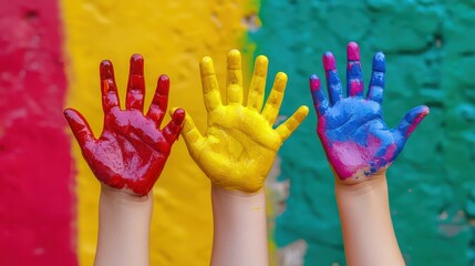 Close-up of kids' hands covered in colorful paint, creating a vibrant and playful background. for educational materials, art projects, and child-friendly content.