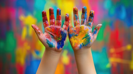 Close-up of kids' hands covered in colorful paint, creating a vibrant and playful background.  for educational materials, art projects, and child-friendly content.